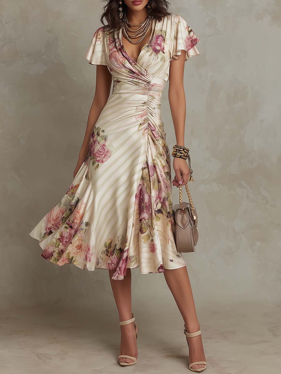 ROBE MIDI CROISÉE FLEURIE FRONCÉE ÉLÉGANTE ALBINA