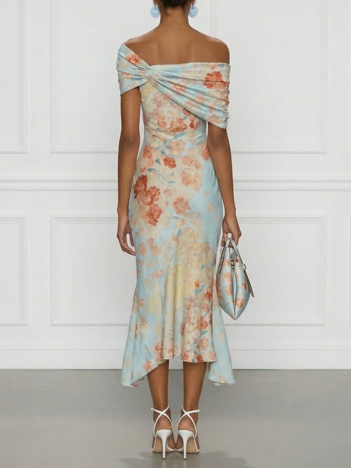 ROBE MIDI SIRÈNE VALENTINA, ÉPAULES DÉNUDÉES FLEURIE BLEU