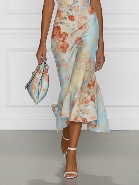 ROBE MIDI SIRÈNE VALENTINA, ÉPAULES DÉNUDÉES FLEURIE BLEU