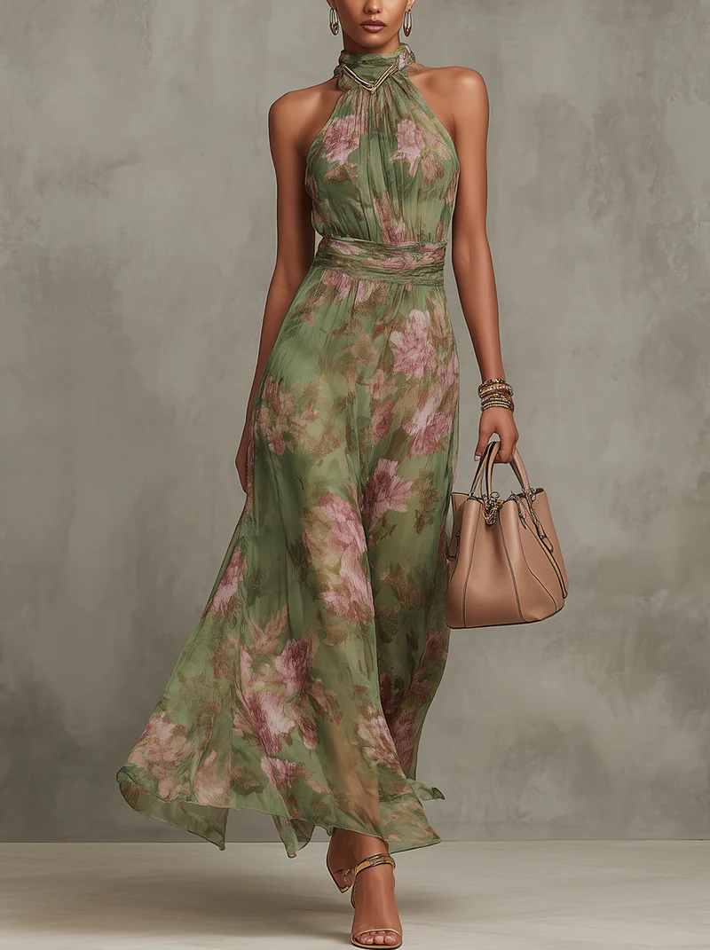 ROBE MAXI SERENITY MOUSSELINE FLEURIE DOS NU ÉLÉGANTE