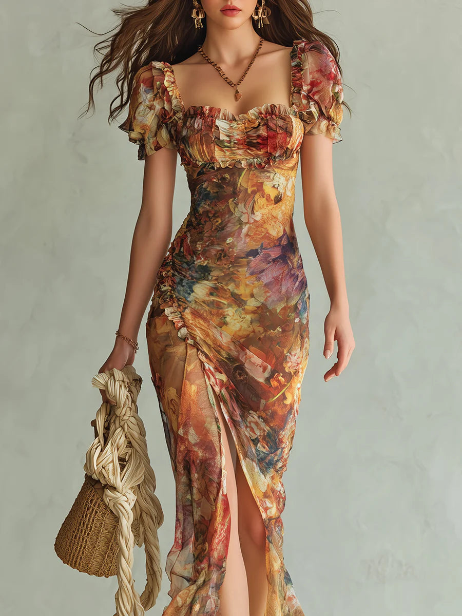 ROBE LONGUE ORANGE VIOLET EN MOUSSELINE, IMPRIMÉ PEINTURE À L'HUILE BOHÈME