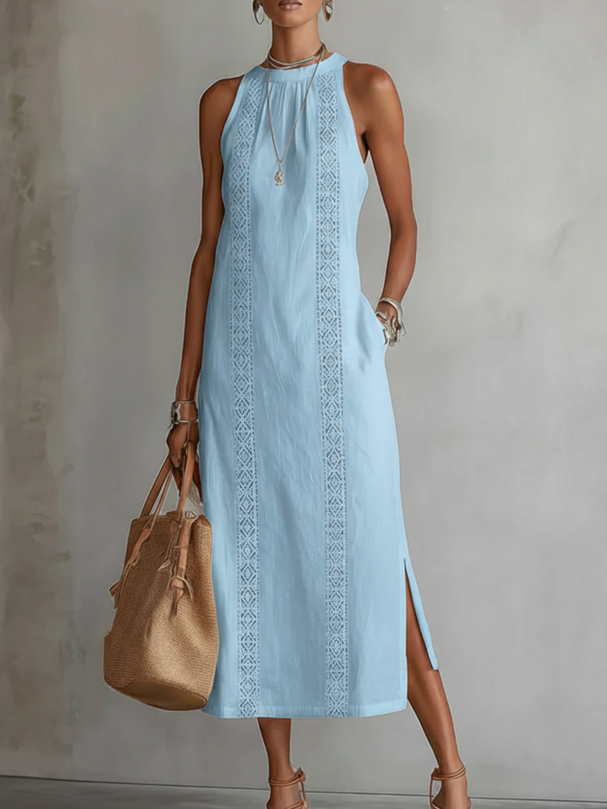 ROBE MIDI COL MANDARIN BRODÉE DÉCONTRACTÉE XIMENA