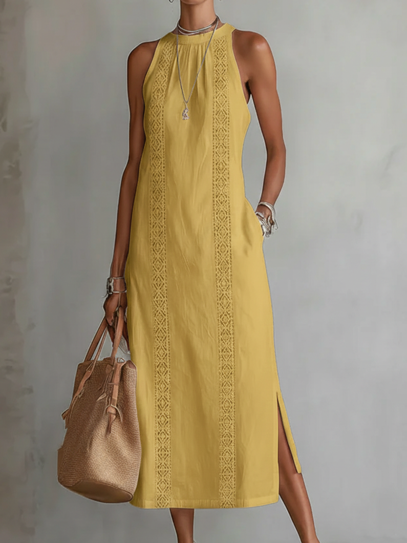ROBE MIDI COL MANDARIN BRODÉE DÉCONTRACTÉE XIMENA